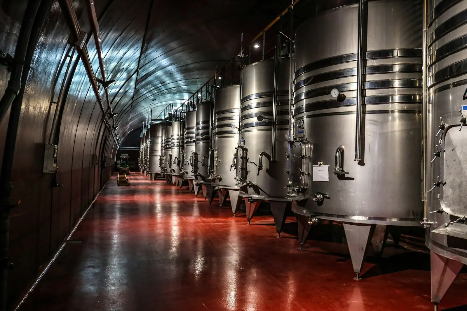 A row of stainless fermentation tanks in the cellar